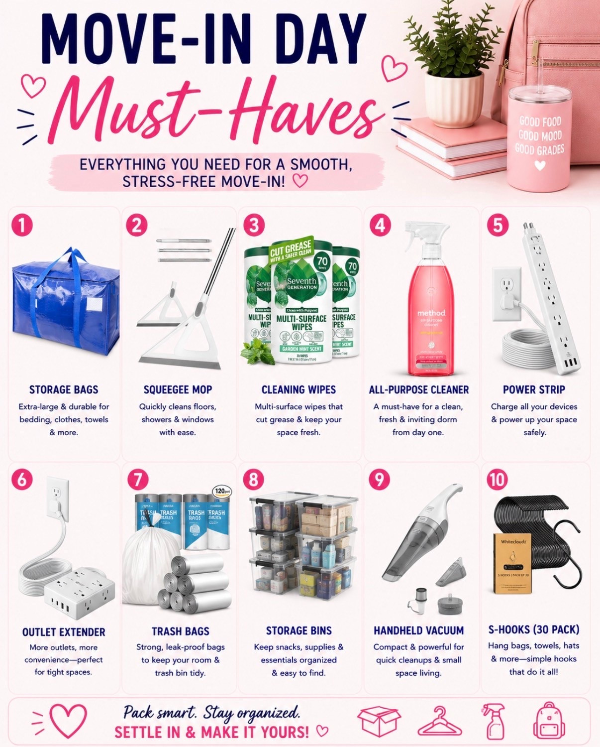 Move-in day goes a lot smoother when you pack the things everyone forgets. 📦✨

These simple essentials help keep a dorm room clean, organized, and functional from day one. From heavy-duty moving bags and storage bins to power strips, cleaning supplies, and a handheld vacuum, these are the items you’ll be thankful you packed.

Save this checklist before move-in—you’ll thank yourself later! 🎓🏠

#MoveInDay #DormEssentials #CollegeMoveIn #DormLife #AmazonFinds

#LTKU #LTKmomlife #LTKHome