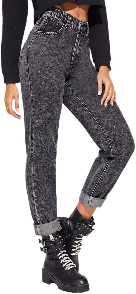 SheIn Women's Casual Modern Boyfriend Mid Waist Button Front Tapered Jeans | Amazon (US)