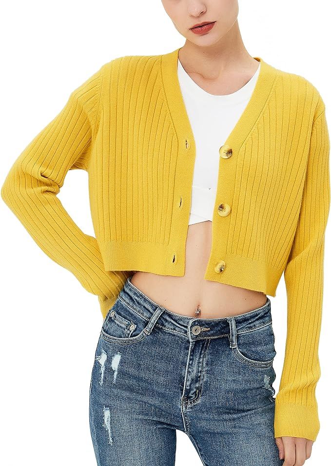 Women's Long Sleeve Cropped Cardigan V Neck Solid Button Down Knit Bolero Shrugs | Amazon (US)