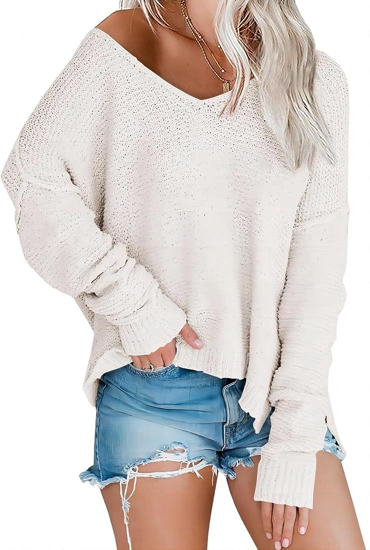 Women’s Off Shoulder Knit Sweaters Oversized V Neck Long Sleeve Loose Lightweight Pullover Tops | Amazon (US)