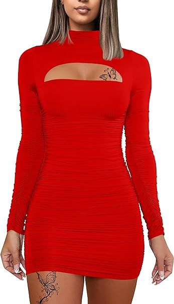 DAAWENXI Women's Sexy Long Sleeve Cut Out Bodycon Ruched Party Club Mini Dress | Amazon (US)