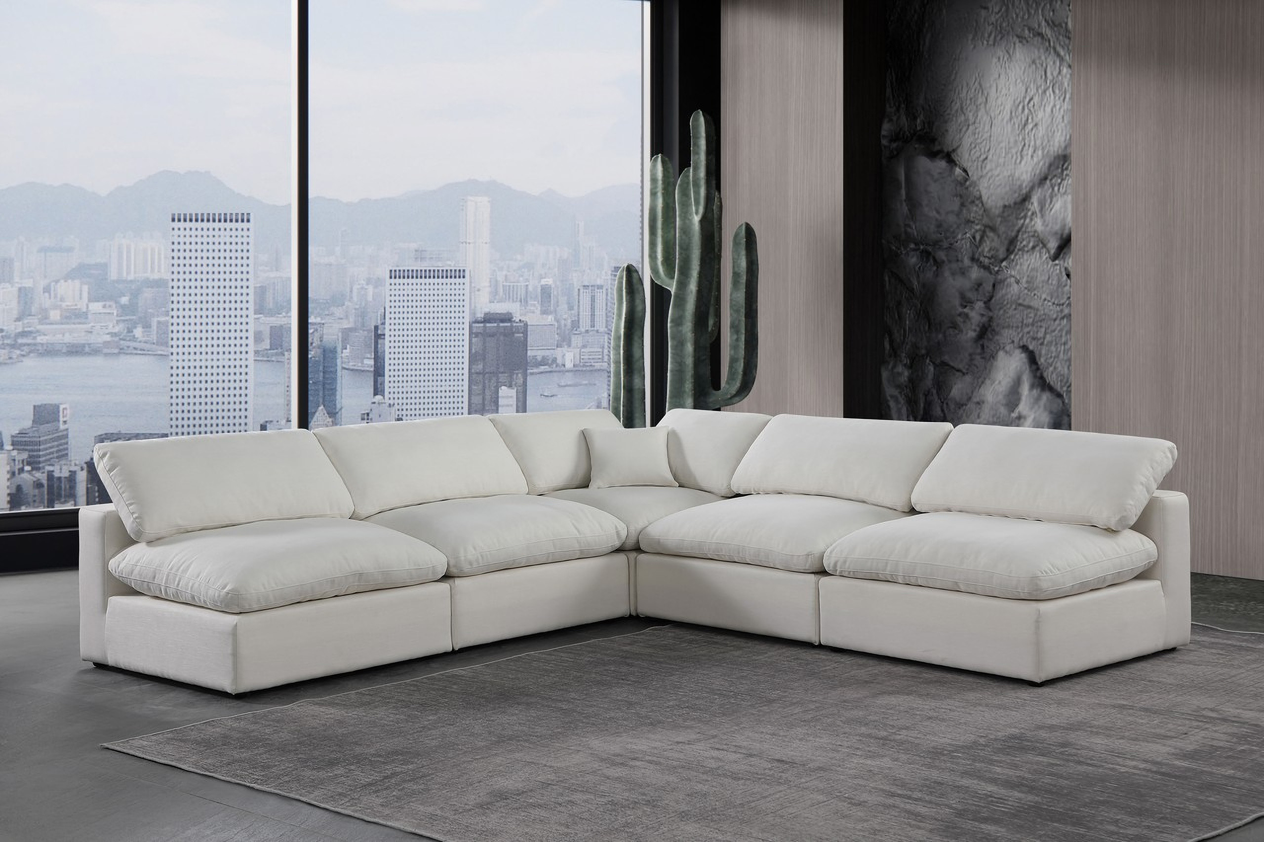 Comfy Linen Textured Fabric 5 Piece Modular Sectional In Cream | 1stopbedrooms