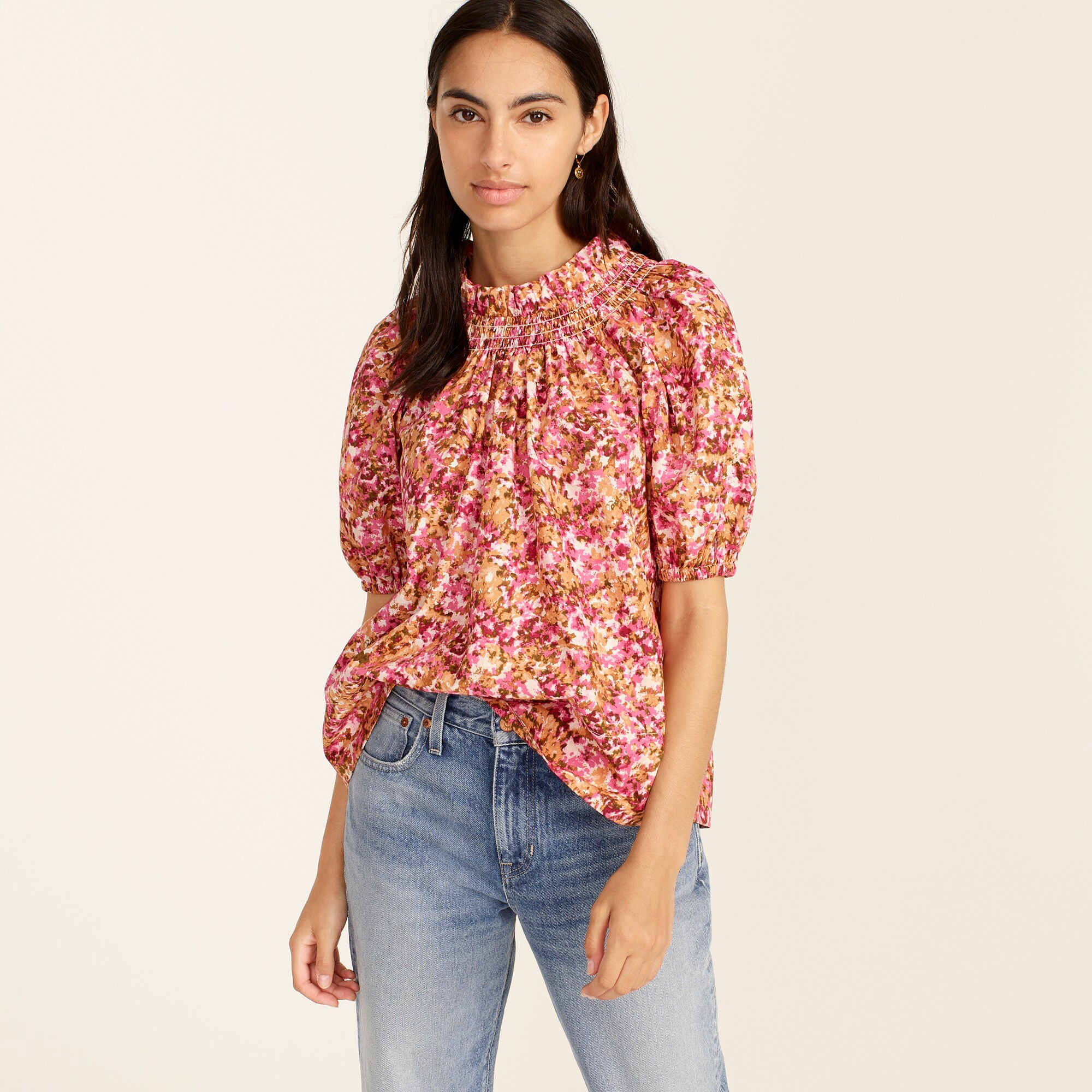 Smocked neck puff-sleeve top in faded floral | J. Crew US