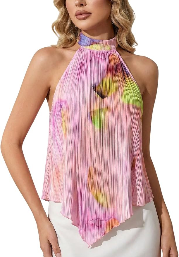 MakeMeChic Women's Halter Top Graphic Pleated Sleeveless Open Back Summer Y2K Tank Tops | Amazon (US)