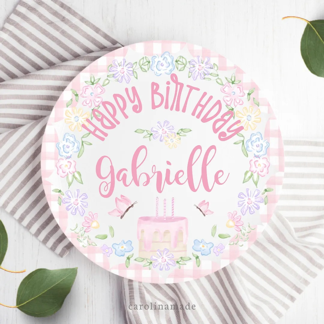 Girls Pink Floral Gingham Cake Plate, Personalized Plate for Girls, Custom Birthday Cake Plate, G... | Etsy (US)