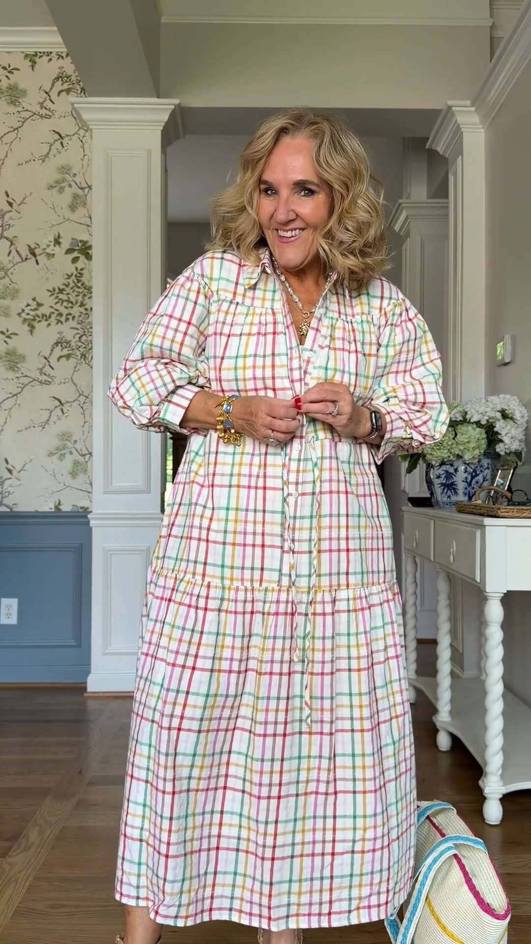 The soft rainbow plaid gives it the perfect pop of color while still feeling easy to wear. I love the statement sleeves, the flattering relaxed fit, and the fact that it's fully lined for extra comfort and coverage. 🫶🏻 

 #LTKootd #LTKSeasonal #LTKOver40