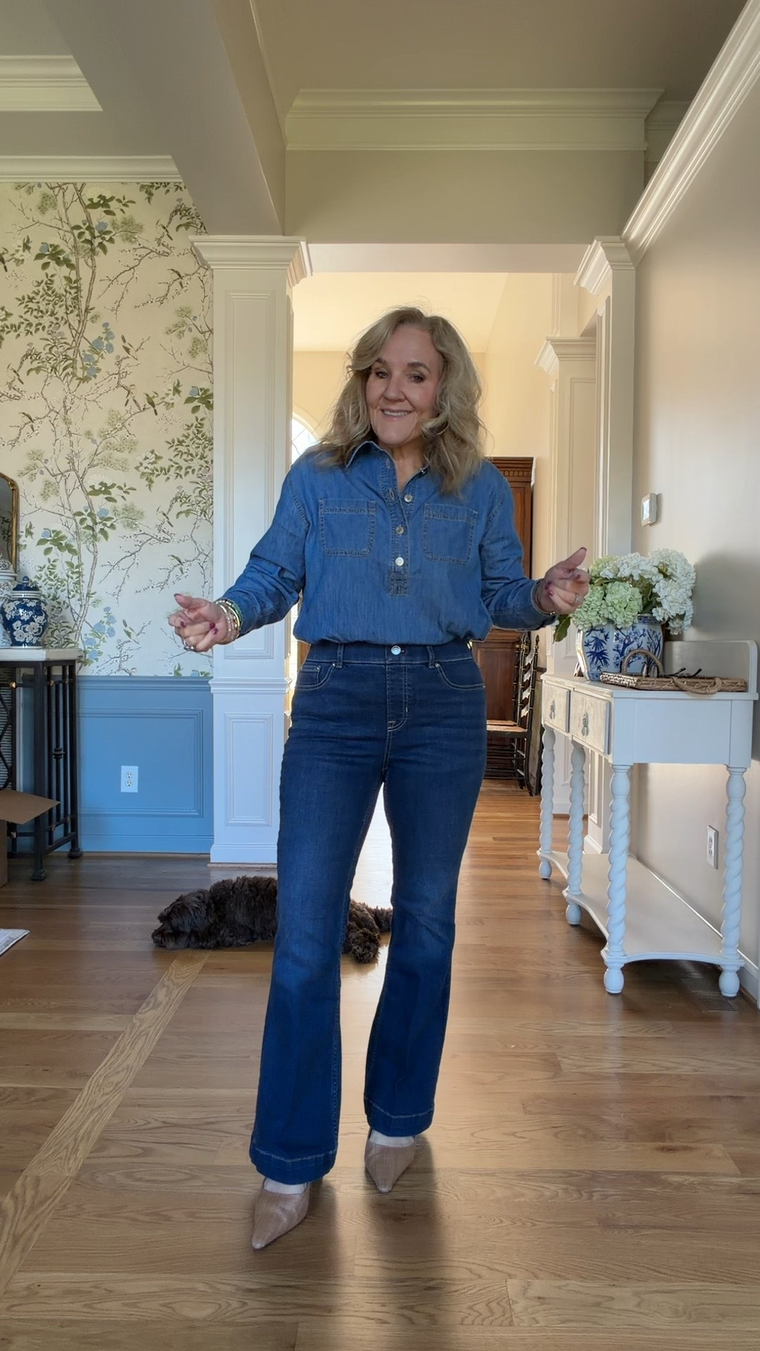 Spanx flare jeans 30% off wearing a medium petite they are pulled on denim
Denim shirt, size medium petite
Navy blazer size 10, petite

#LTKSeasonal #LTKOver40 #LTKWorkwear