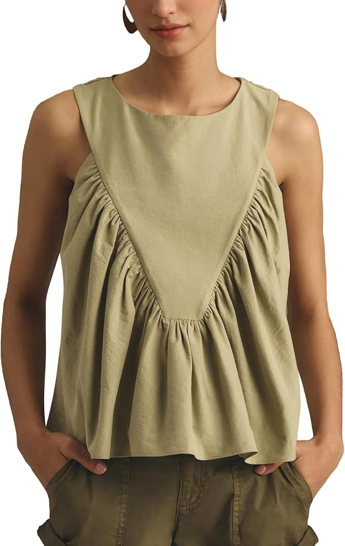 Hixiaohe Shirred Swing Tank Tops for Women Fashion Flowy Sleeveless Shirts Casual Crew Neck Blous... | Amazon (US)