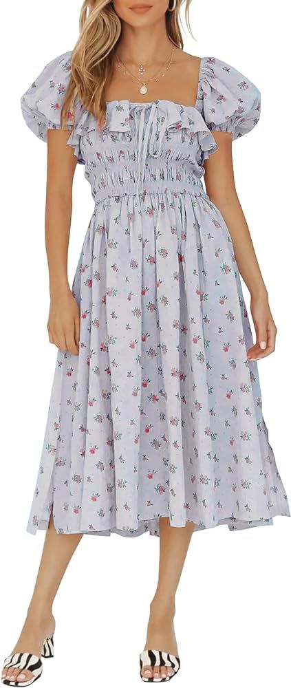 R.Vivimos Womens Summer Floral Print Puff Sleeves Vintage Ruffles Midi Dress | Amazon (US)