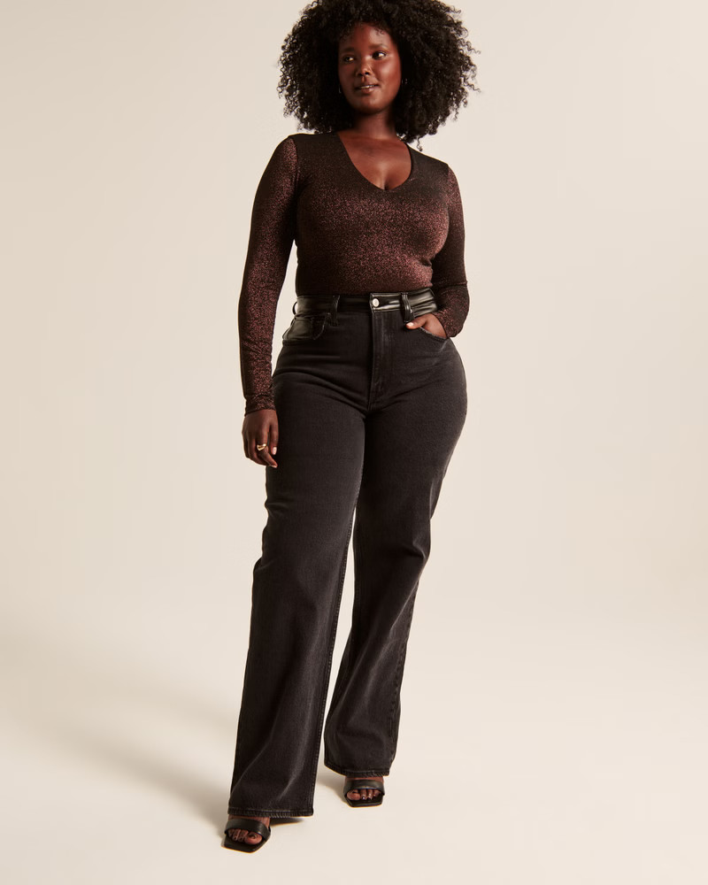 Women's Long-Sleeve Sparkle V-Neck Bodysuit | Women's New Arrivals | Abercrombie.com | Abercrombie & Fitch (US)