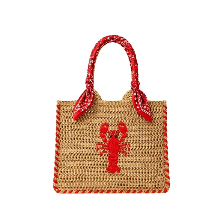 Straw Handbag with Lobster Embroidery, Women's Beach Icons Mini Straw Tote Bag, Mini Summer Raffi... | Walmart (US)