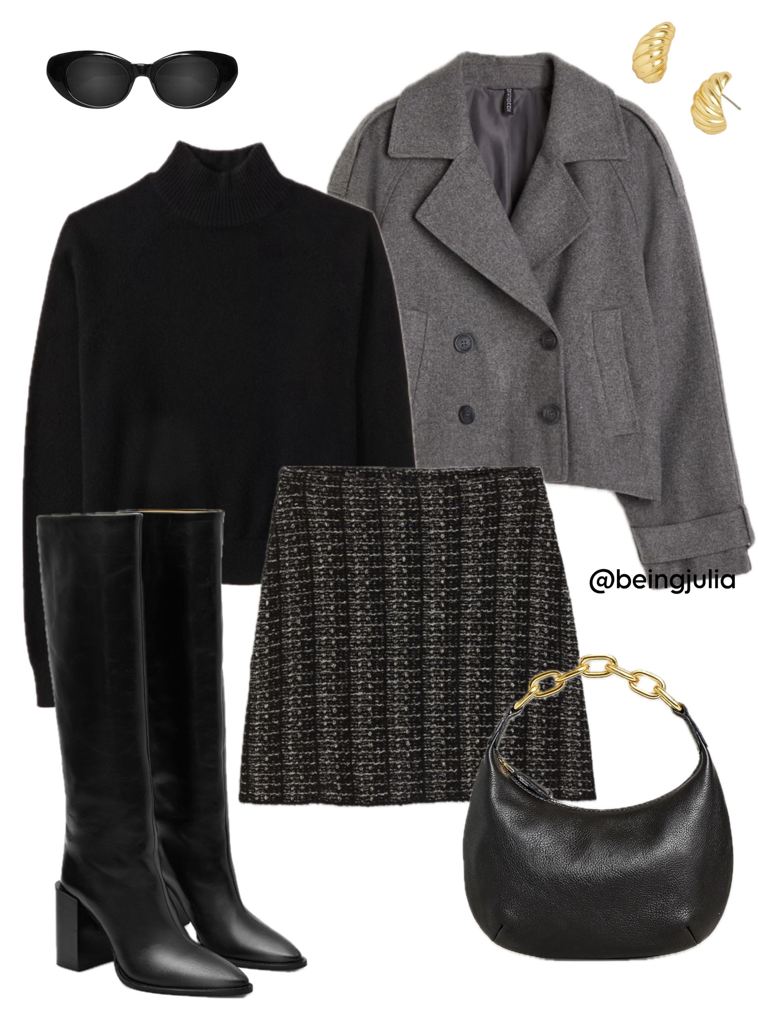Winter outfit inspiration! Details below:

-Black cashmere turtleneck sweater
-Cropped grey trench coat
-Knit jacquard mini skirt
-Knee high black boots 
-Black leather shoulder bag with gold chain strap
-Black sunglasses 
-Gold croissant dome hoop earrings


#LTKSeasonal #LTKstyletip #LTKfindsunder100