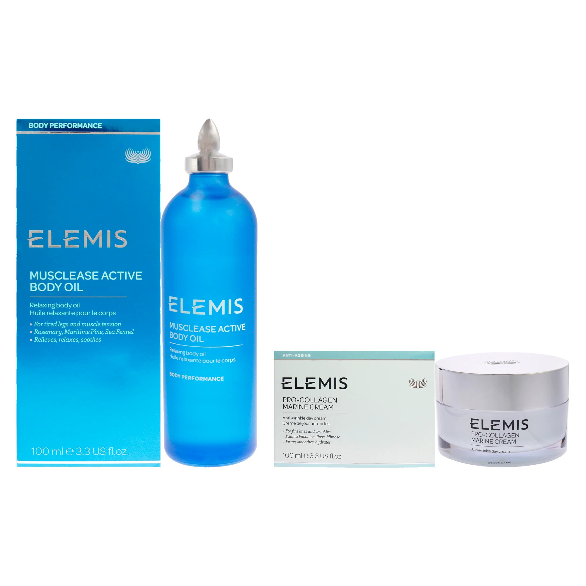Musclease Active Body Oil and Pro-Collagen Marine Cream Kit by Elemis for Unisex - 2 Pc Kit 3.4oz Body Oil, 3.3oz Anti-Age Cream | Shop Simon