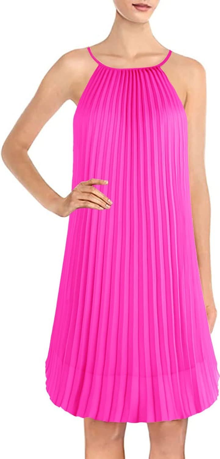 Ellames Women's Summer Spaghetti Strap Pleated Casual Swing Midi Dress with Belt | Amazon (US)