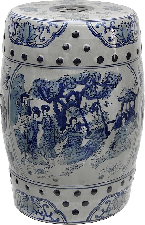 Oriental Furniture 18" Ladies Blue & White Porcelain Garden Stool | Amazon (US)