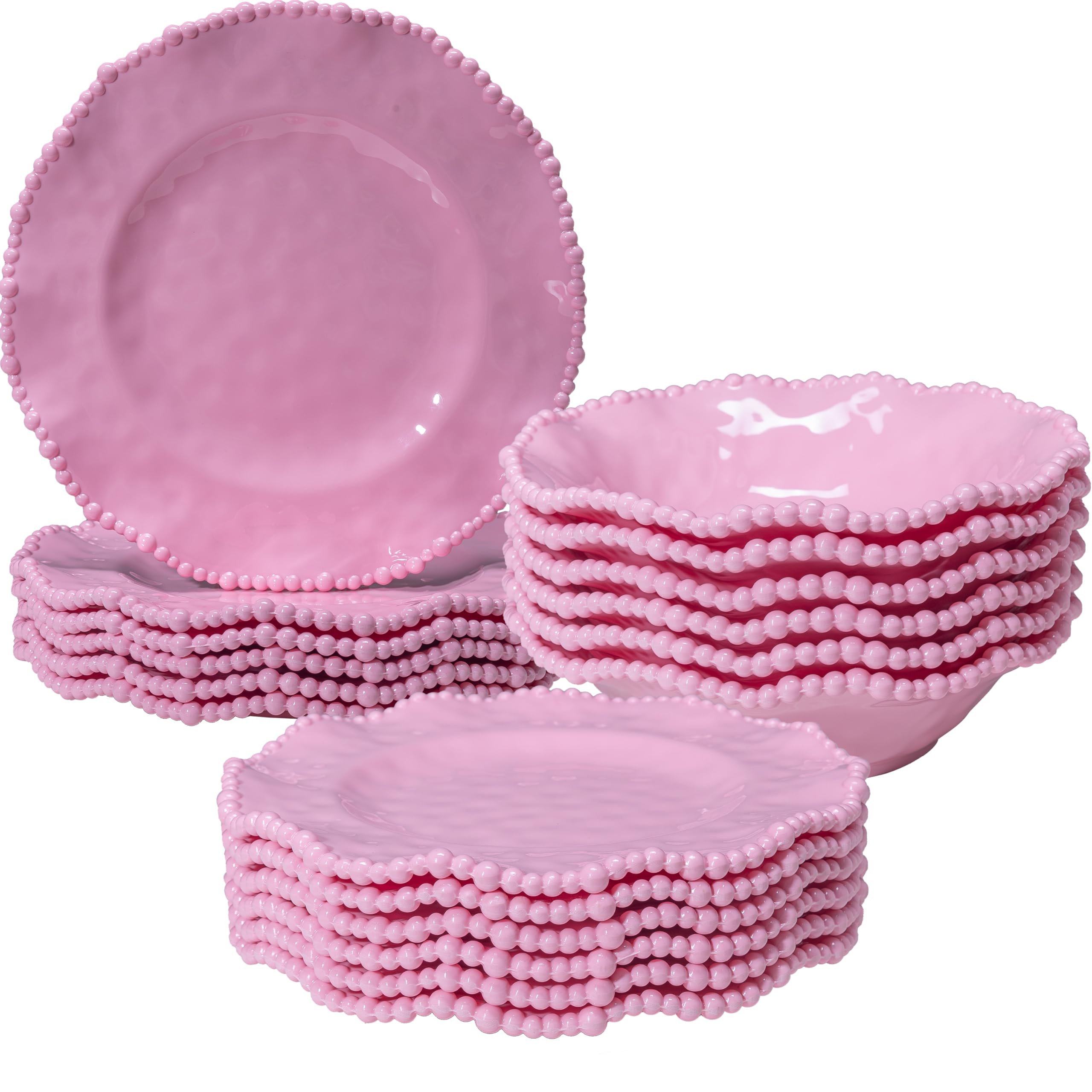 Pink Dishes Melamine Dinnerware Sets, 18 Piece Kitchen Plates and Bowls tableware Set, Lightweight, BPA free Beaded Serving Dishes for Girls, Valentine's Day, Mother's Day. Service for 6. | Amazon (US)