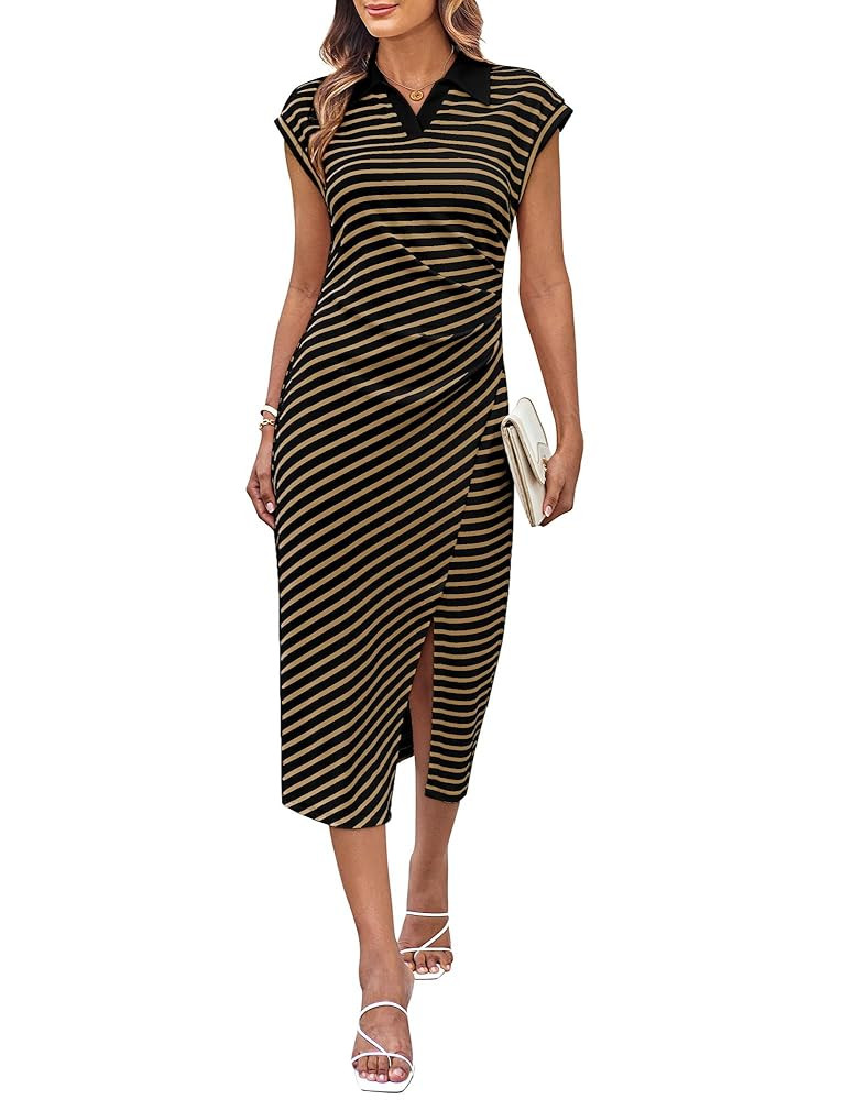 GRACE KARIN Women's Casual Summer Dresses Striped Polo V Neck Cap Sleeve Side Slit Ruched Bodycon... | Amazon (US)