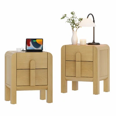Modern Wood Nightstand Set Of 2 With Drawers And Curved Profile Design, Mid-Century End Table With Built-In Charging Station For Bedroom, Living Room, | Wayfair North America