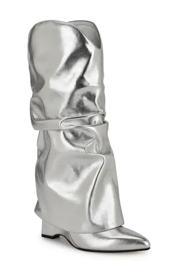 Nine West Amazin Foldover Shaft Pointed Toe Wedge Boot in Silver at Nordstrom Rack, Size 8 | Nordstrom Rack