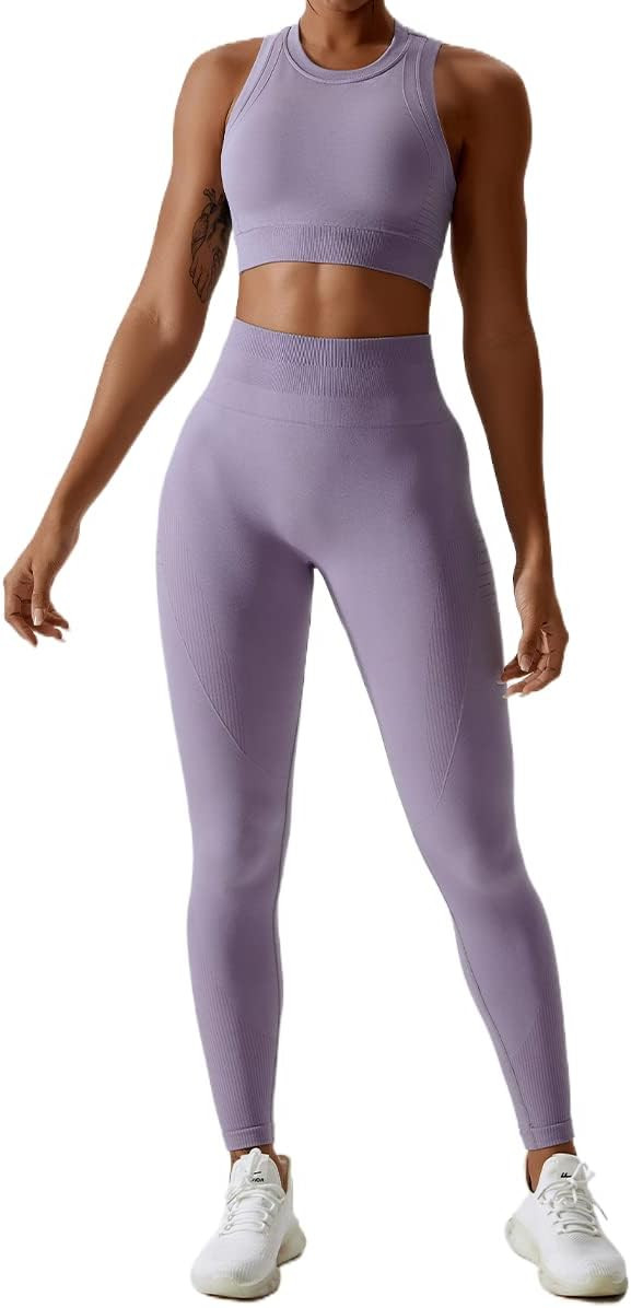 ABOCIW Womens Seamless Workout Sets Racerback Sports Bra Crop Tank Top High Waist Leggings 2 Piec... | Amazon (US)