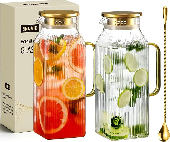 2 Pack 2.2 Liter/75 oz Square Classic Stripes Glass Pitcher with Lid, Gold | Amazon (US)