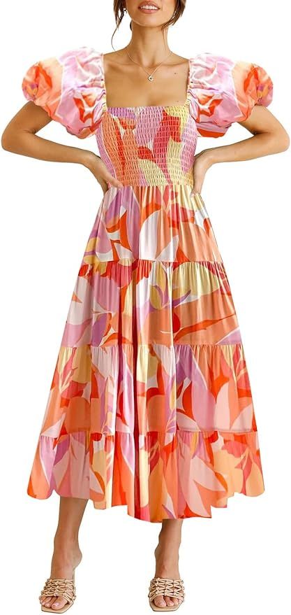 GOLDSTITCH Women's Smocked Maxi Dress Square Neck Ruffle Hem Puffy Short Sleeve Flowy Midi Dress | Amazon (US)