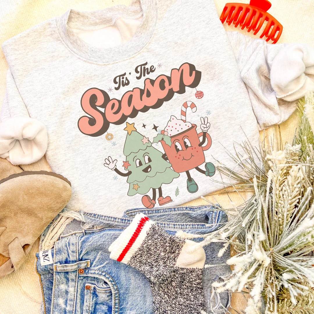 Retro Tis the Season Christmas Tree and Cocoa Sweatshirt - Etsy | Etsy (US)