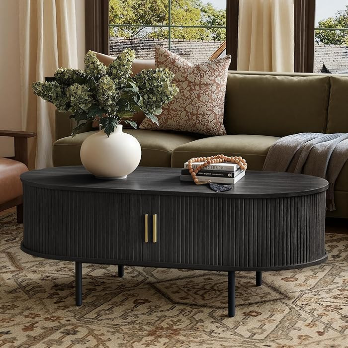 Modern Coffee Table with Storage, 47.2" Oval Fluted Coffee Table with Sliding Doors, Minimalist T... | Amazon (US)
