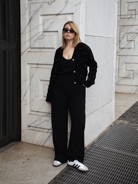 Casual chic look with black cardigan, black pants and Adidas Vegan Samba

Day outfit, black look with pant, winter outfit idea, Goelia outfit 

#LTKSeasonal #LTKstyletip #LTKeurope