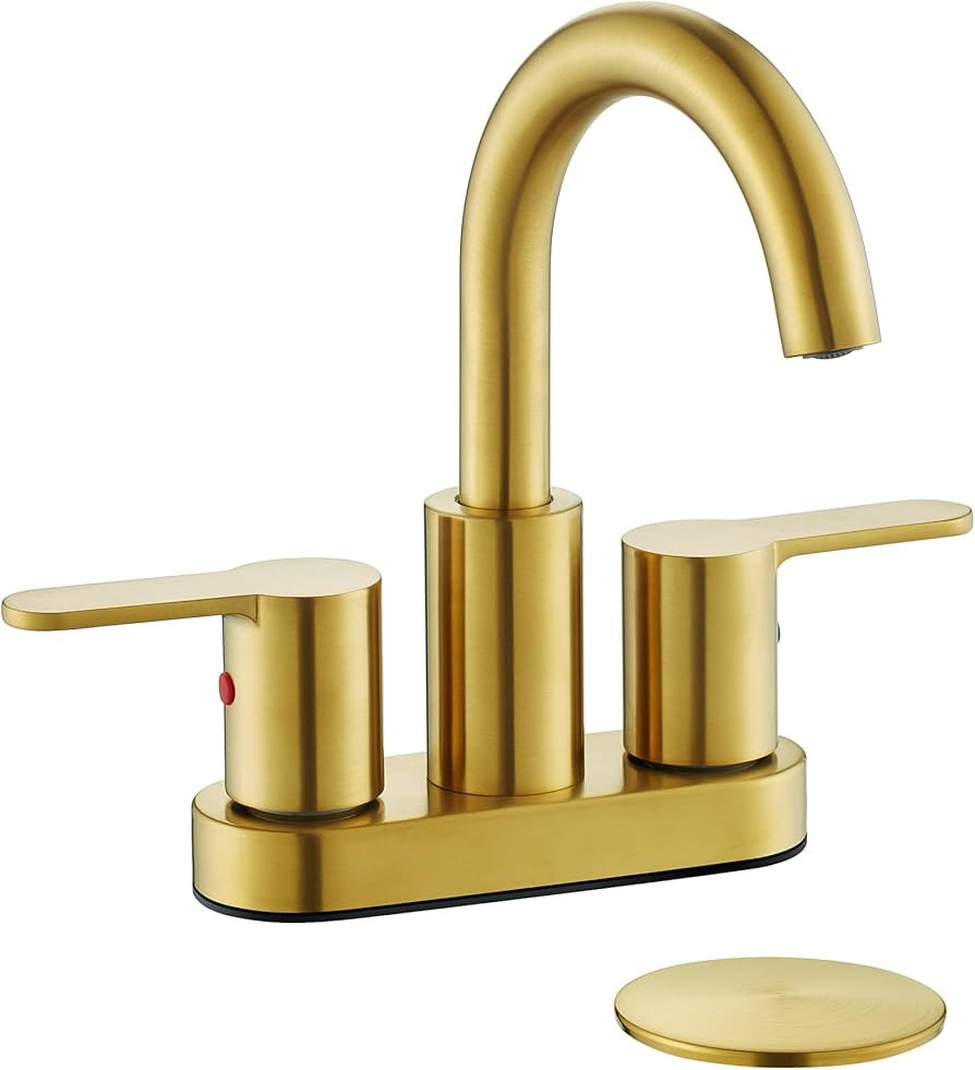 Brushed Gold 2 Handle Centerset Bathroom Sink Faucet with Drain Assembly, High Arc Modern 4 Inch ... | Amazon (US)