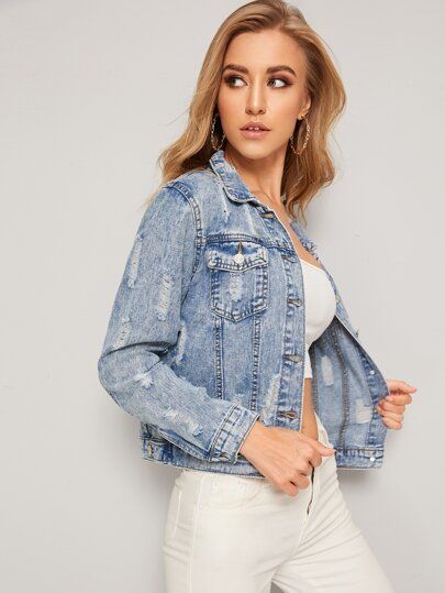 SHEIN Ripped Bleach Wash Denim Jacket | SHEIN