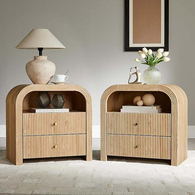 T4TREAM 24" Fluted Nightstand Set of 2, Large 2 Drawers Bedside Table with Charging Station, Mode... | Amazon (US)