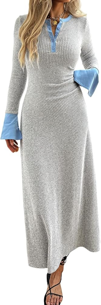 Womens Sweater Dress V Neck Ribbed Maxi Dress Long Bell Sleeves Button Down Slim Fit Bodycon Casu... | Amazon (US)