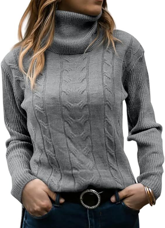 Langwyqu Womens' Turtleneck Long Sleeve Cable Knit Sweaters | Amazon (US)