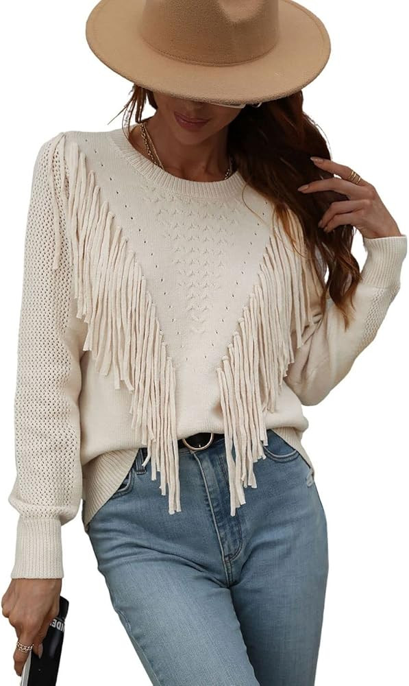 Unilexi Womens Long Sleeve Solid Color Crew Neck Sweater Loose Front Fringe Knit Tops | Amazon (US)