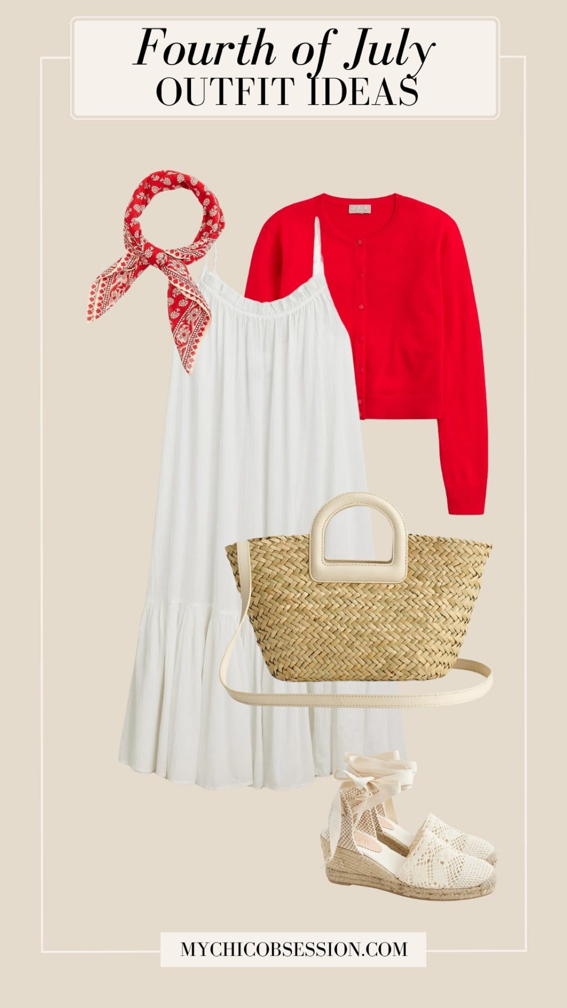 Incorporate a pop of red to spice up a neutral look for the Fourth with this cardigan. The base of your look is this tiered white summer dress, which is perfect for the hottest holiday of the year. Add a festive accessory like a red bandana, a woven tote bag, and espadrilles to complete the look.

#LTKSeasonal #LTKStyleTip