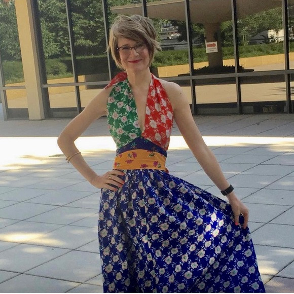 1970’s Vintage Halter Neck Maxi Dress Mixed Floral Prints, Size 0, Rainbow | Poshmark