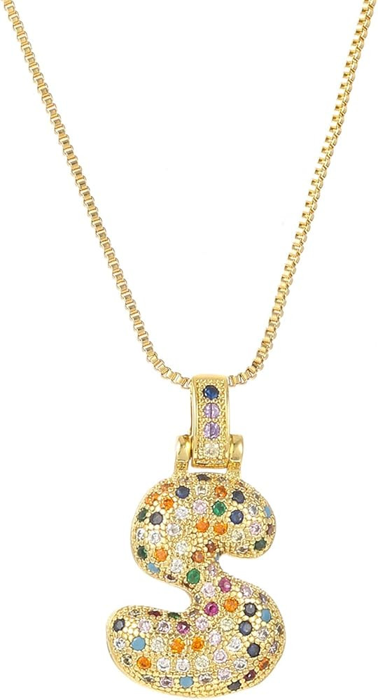 Bubble Gold Initial Necklace for Women, Bubble Letter Necklaces for Women, Bubble Colorful Rhines... | Amazon (US)
