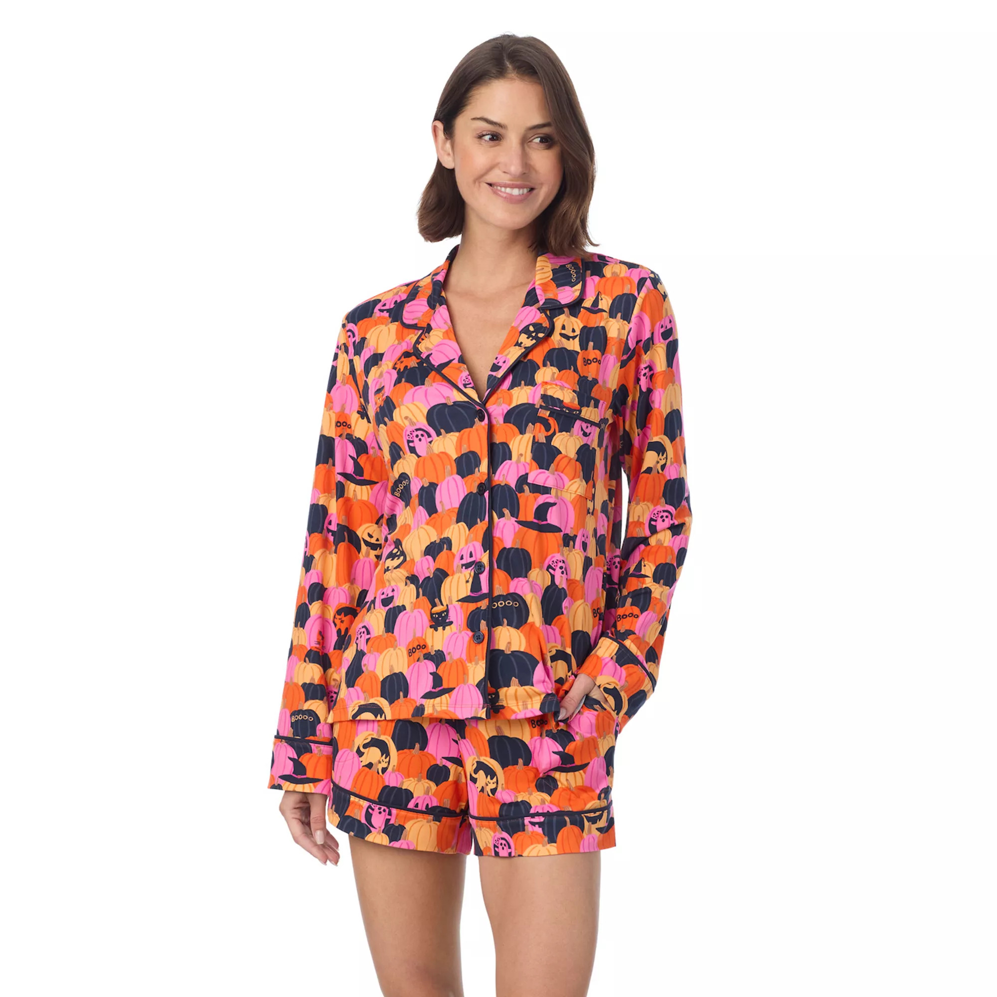 Women's Beauty Sleep Social Halloween Cozy Long Sleeve Notch Pajama Top & Pajama Boxers Set | Kohl's