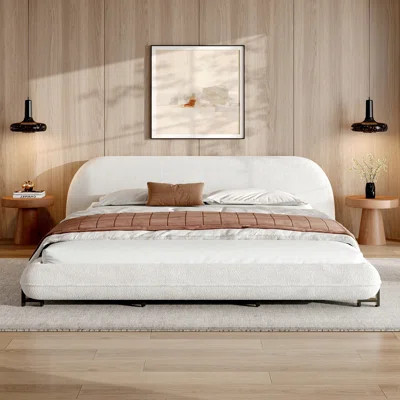 Bed Frame with Boucle Fabric, Upholstered Platform Bed with Curve-Shaped Design & Thick Headboard | Wayfair North America