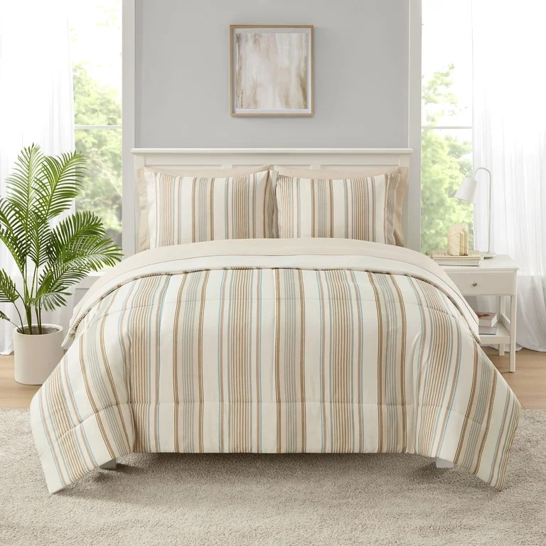Mainstays All-In-One Reversible Comforter and Sheet Set - 7 Piece, Queen, Beige Stripe | Walmart (US)