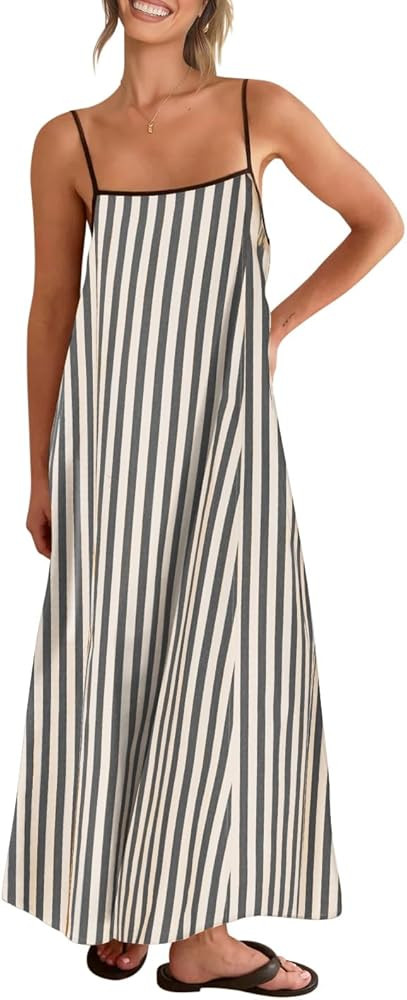 Shy Velvet Women's 2026 Summer Linen Maxi Dress Contrast Spaghetti Strap Dress Backless Casual Pa... | Amazon (US)