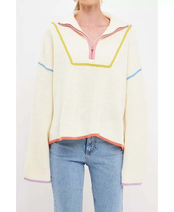 Women's Contrast Piping Quarter-Zip Sweater | Macy's