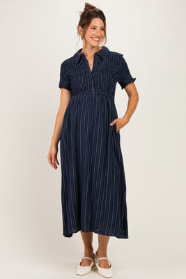 Navy Striped Smocked Maternity Shirt Dress | PinkBlush Maternity