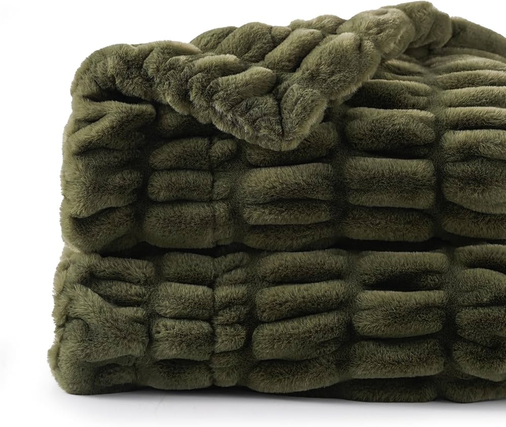 BATTILO HOME Olive Green Faux Fur Throw Blanket for Bed, Double Side Reversible Ruched Faux Rabbi... | Amazon (US)