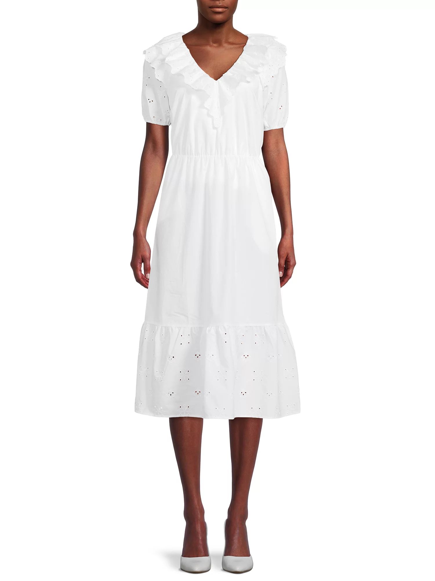 The Get Women's Eyelet Ruffle Midi Dress with Short Sleeves - Walmart.com | Walmart (US)