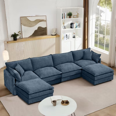 130.7'' U-Shaped Chenille Sectional Sofa, Blue Modular Couch with 2 Ottomans, 4-Seat Deep Seat Sofa for Living Room, Easy Assembly-3irtyhousy | Target
