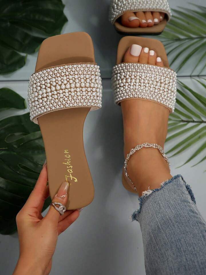 Women's Large Size Brown Faux Pearl Decorated Flat Sandals, 5 Sizes Gradient Luxury Faux Pearl De... | SHEIN