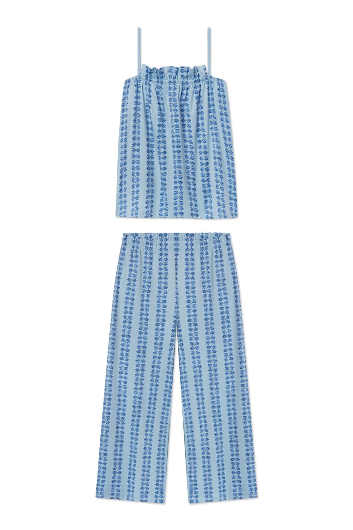 Pima Ruffle Pants Set in French Blue Trellis | Lake Pajamas