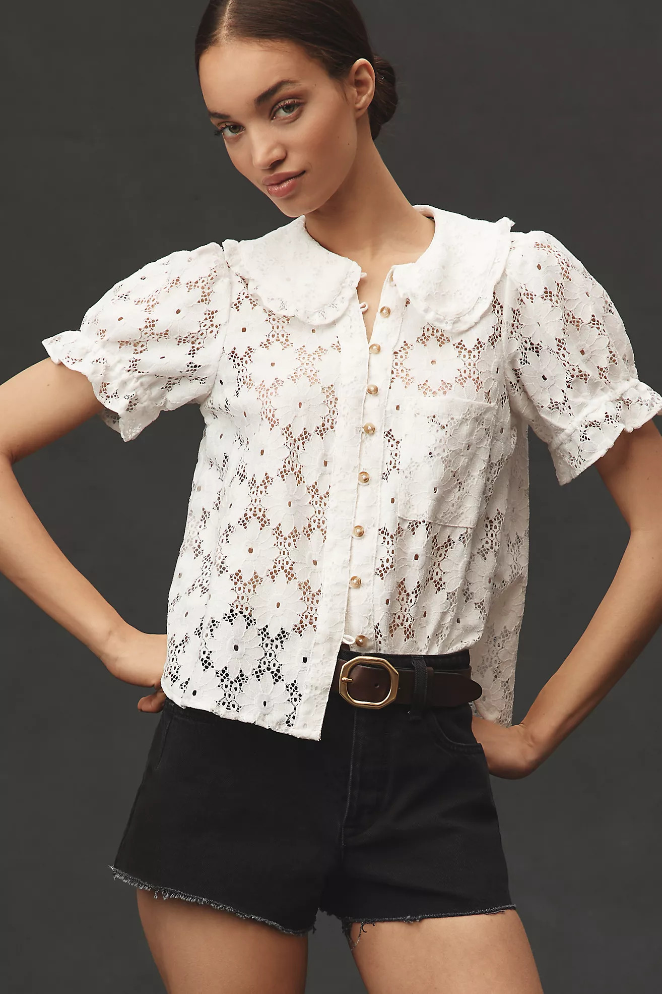 The Keira Collared Button-Front Blouse by Pilcro: Lace Edition | Anthropologie (US)